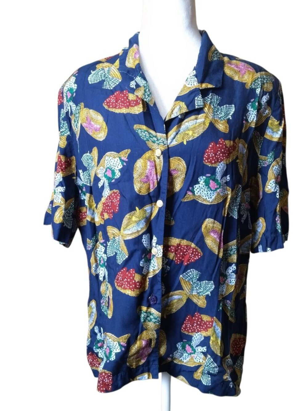 Susan Bristol Women's Size 16 Hat Patterned Blouse Button Front Vintage Whimsy